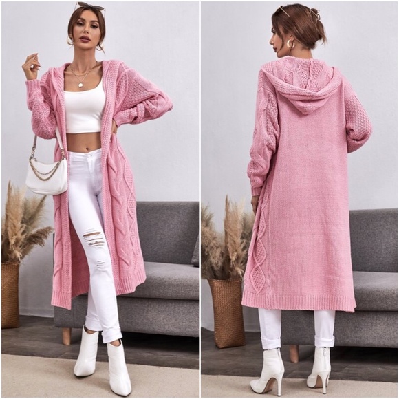 Pink Chunky Knit open Front Hoodie Long Cardigan - Picture 2 of 3